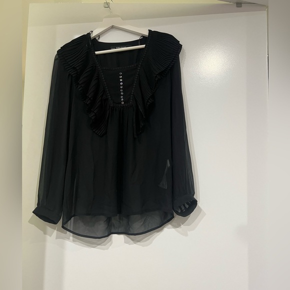Zara Basic Sheer Blouse Ruffled Long Sleeve Size XS - Picture 1 of 4